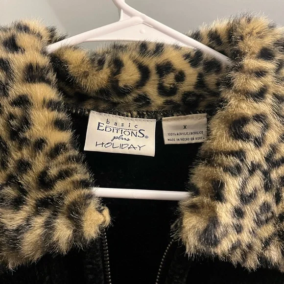 Basic Editions Black Teddy Jacket with Leopard Print Collar - Picture 4 of 4